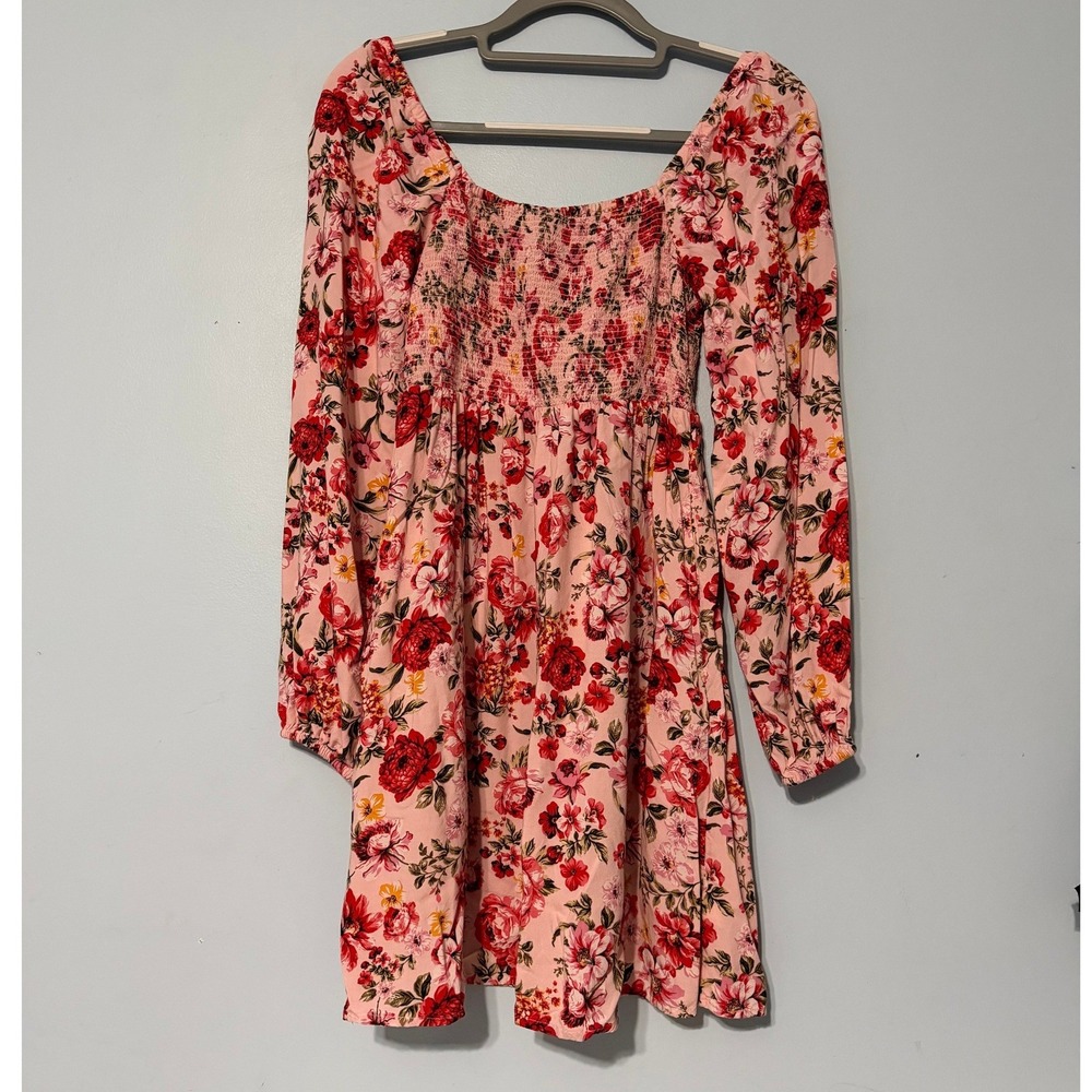 Old Navy Size Small Pink Floral Smocked Long Sleeve Mini Dress Square Neck 2300
